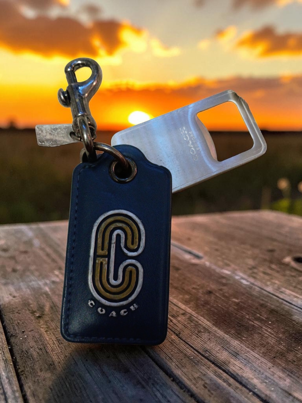 Coach Navy Leather Key Fob with Gold and Cream 'C' Logo